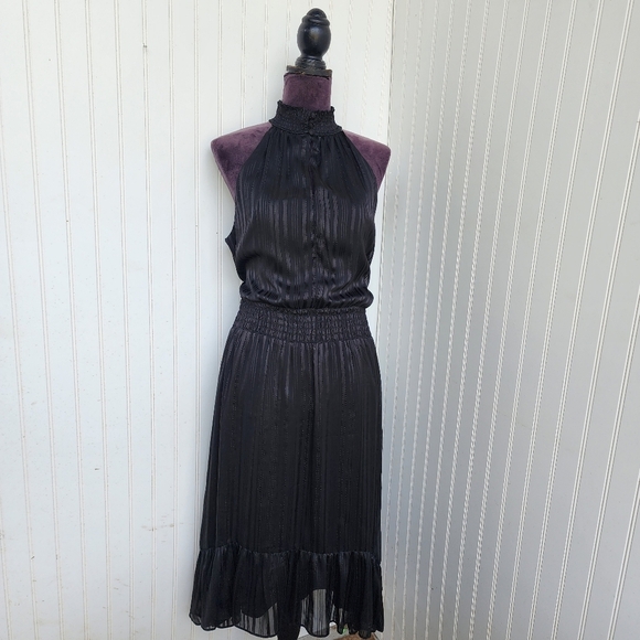 MSK Womens Black Silver Metallic Mock Neck Keyhole Dress Midi Smocked Waist Sz L - Picture 1 of 13